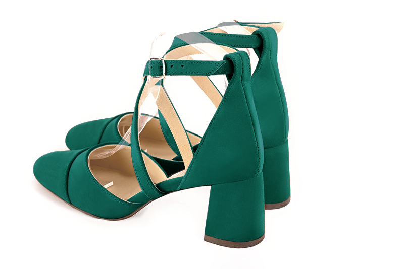 Emerald green women's open side shoes, with crossed straps. Round toe. Medium flare heels. Rear view - Florence KOOIJMAN